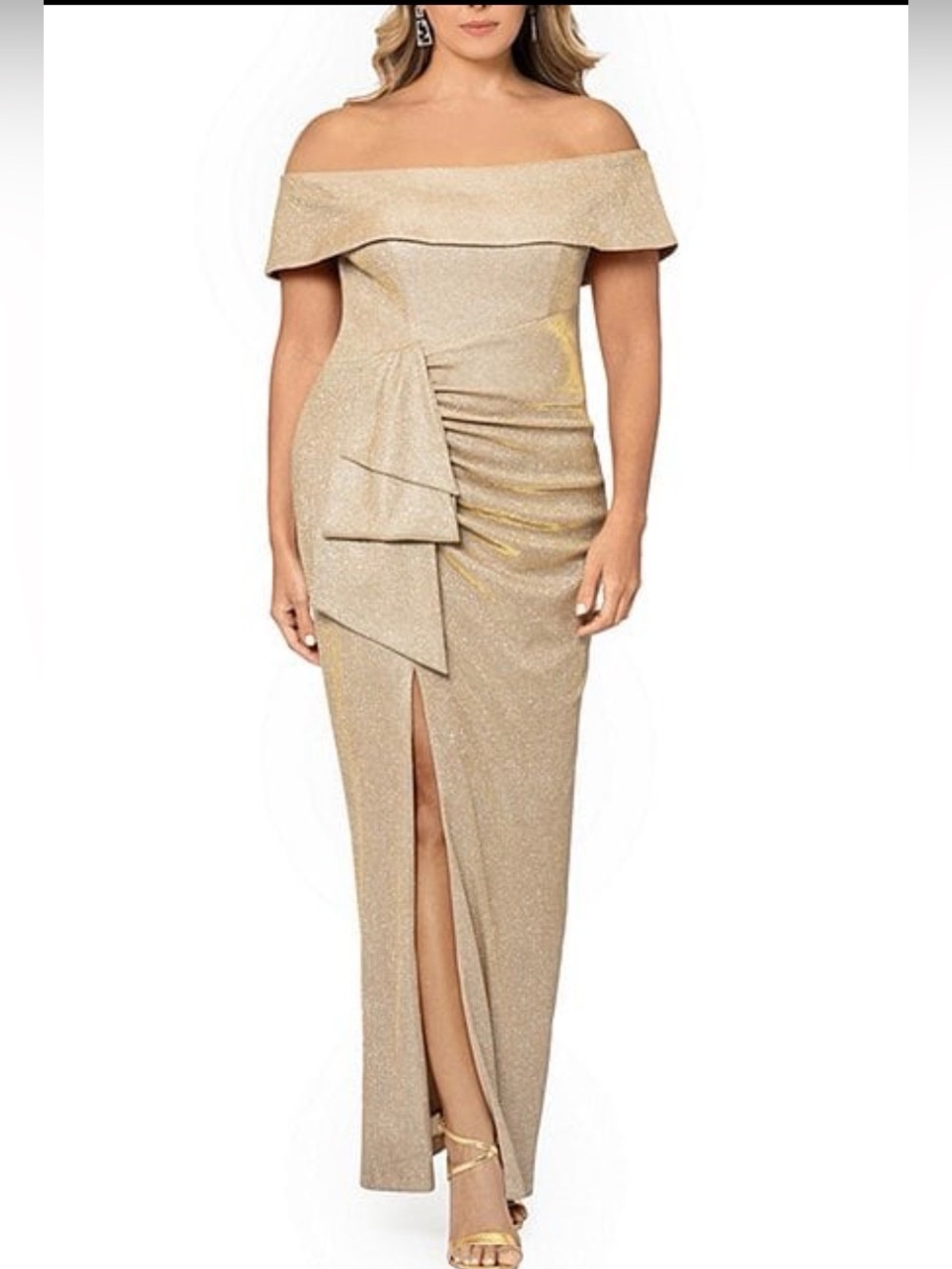 XSCAPE GOLD SILVER METALLIC OFF THE SHOULDER RUFFLE Gown-Size 16 W. NWT. Wedding